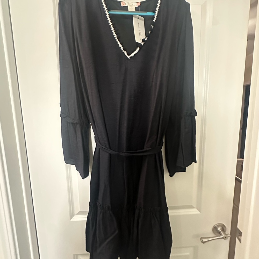 Black Pom-Pom Trim, Ruffled Midi Dress. New with Tags!